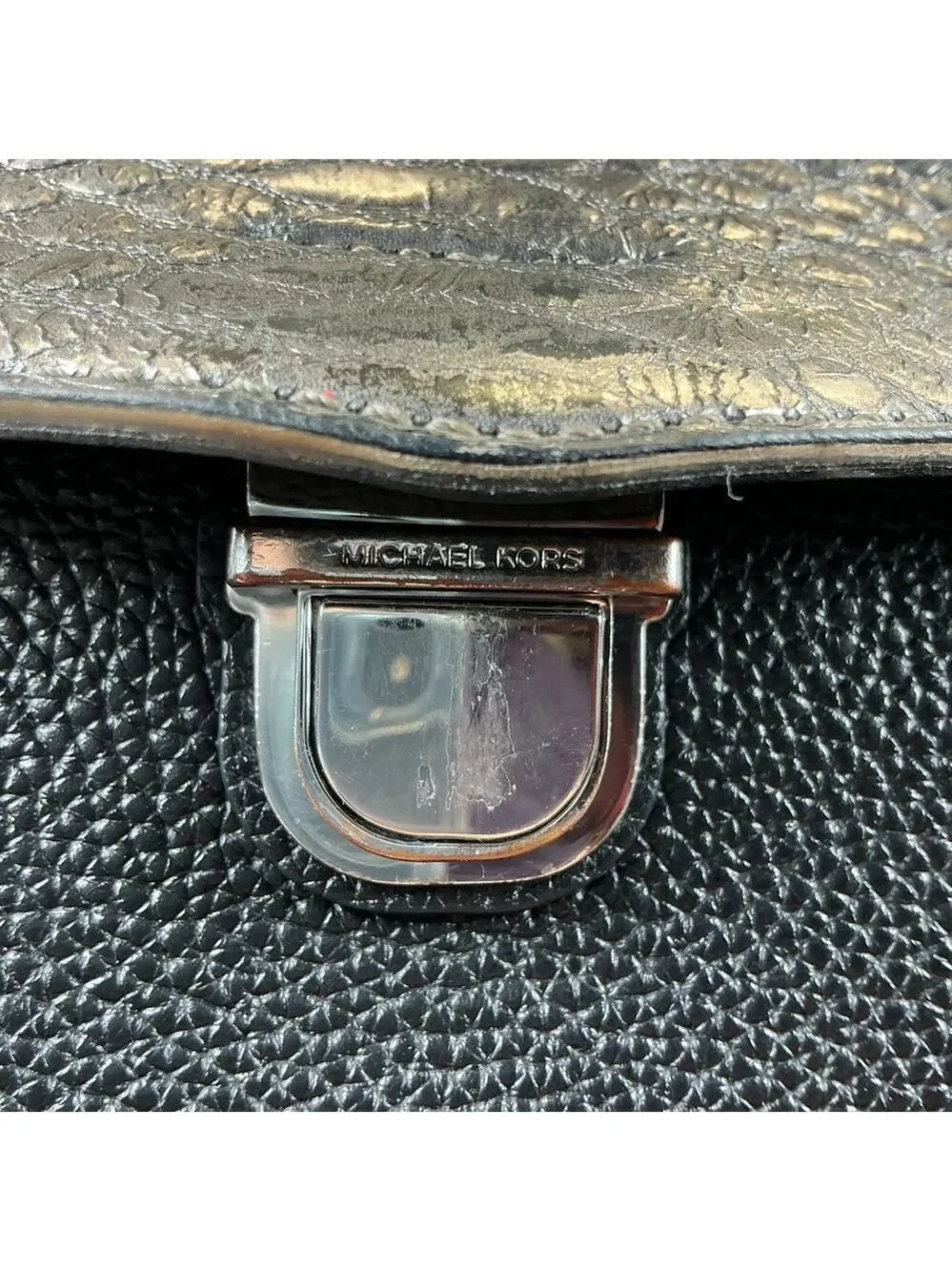Michael Kors Black Silver Bristol Flap Satchel hand Bag‎ Crossbody Snakeskin